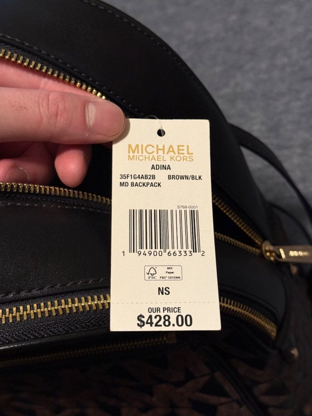 Michael Kors Adina Abbey Med Backpack Pebbled PVC/Leather Blk/Brwn Check Des - Picture 3 of 7
